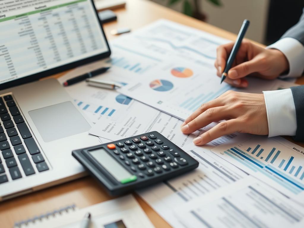Business broker analyzing financial statements and business valuation data