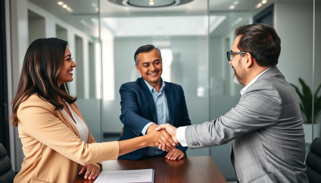 Business broker celebrating successful transaction closing with clients