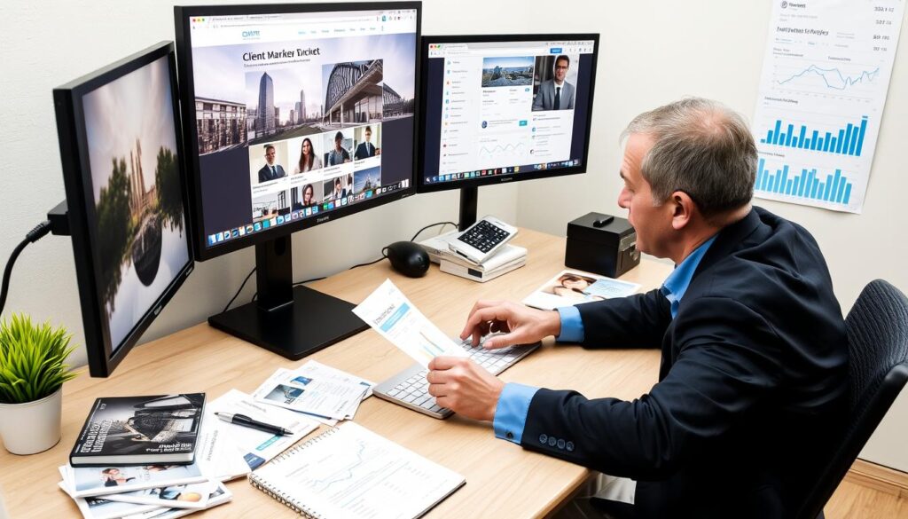 Business broker creating marketing materials for client acquisition
