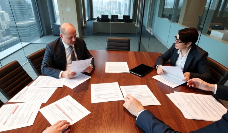 Business broker meeting with clients discussing business sale documents