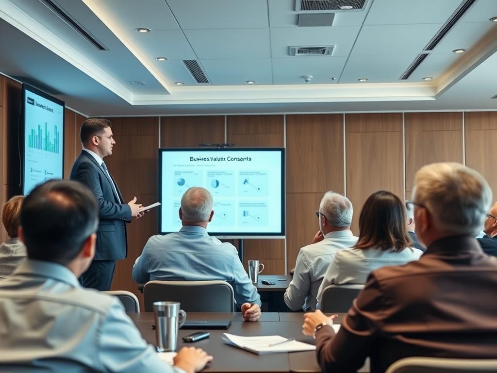 Business broker presenting to a group of potential clients at a seminar