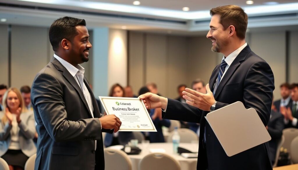 Business broker receiving certification at professional training event