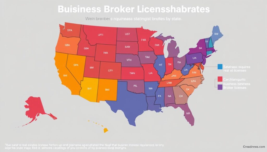 Map of the United States showing different business broker licensing requirements by state